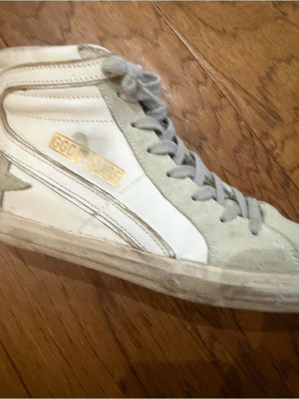 Golden Goose White and Light Gray High-Top Sneakers with Gold Logo